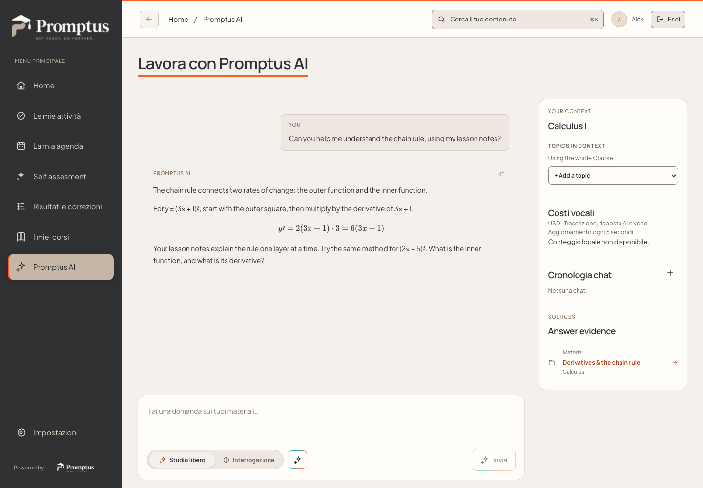 The Promptus AI tutor explaining the chain rule with a link to the relevant lesson.