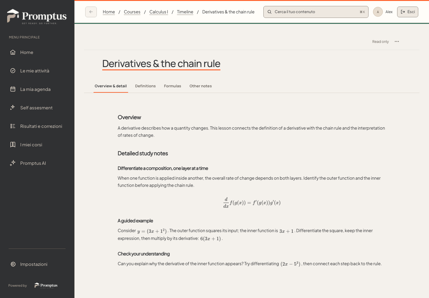 A Promptus lesson showing notes, definitions and formulas connected to its course.